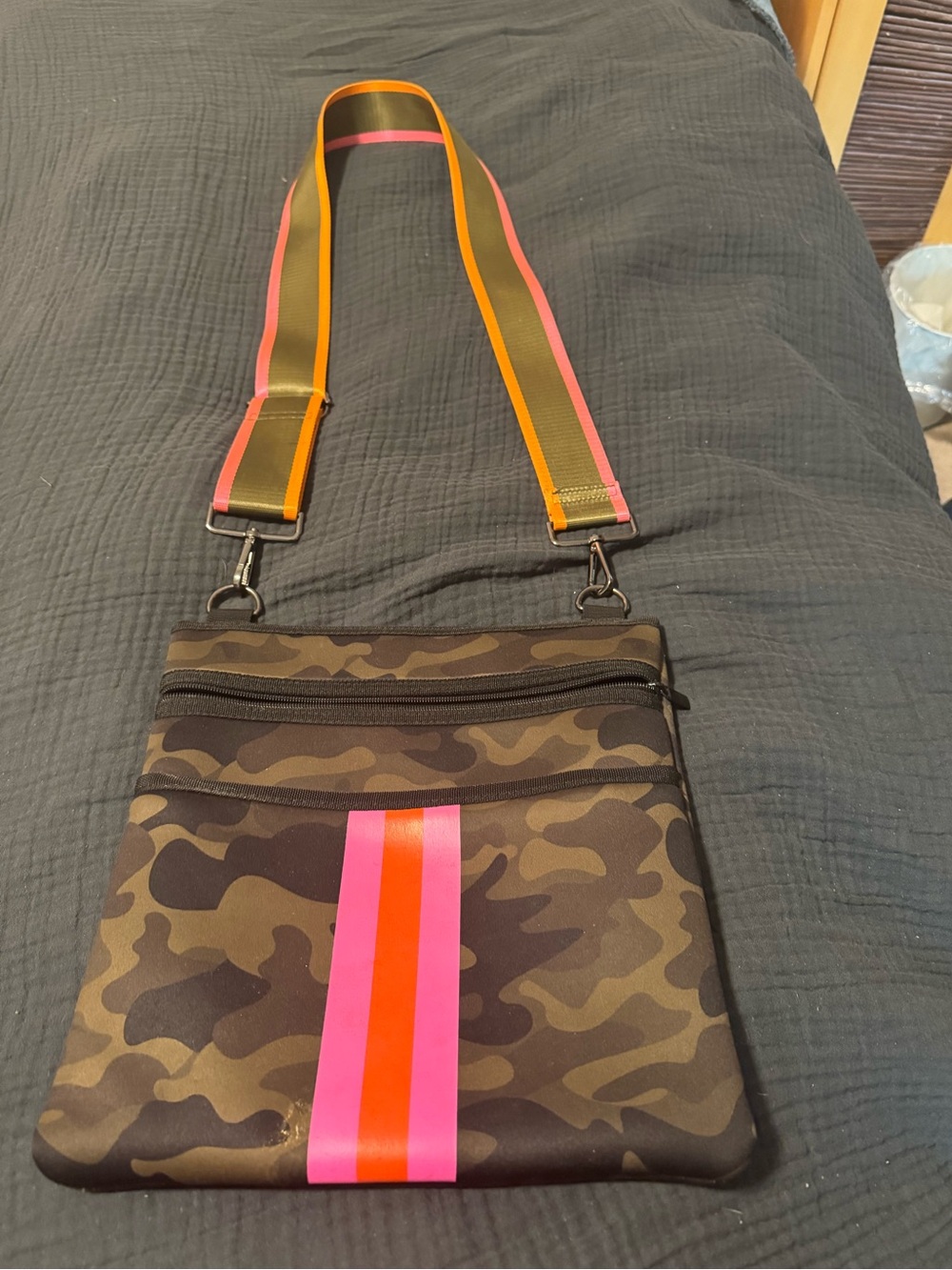 Haute Shore Camo Crossbody Bag with Pink & Orange Stripe